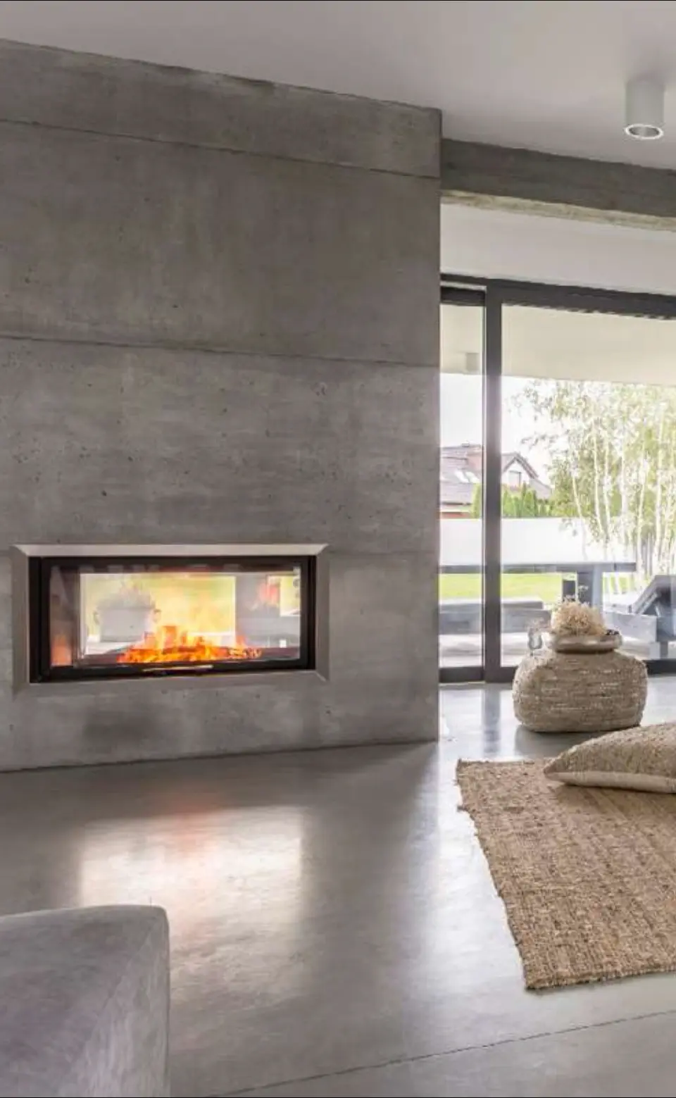 A fireplace in the middle of a room with a large window.